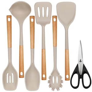 QMVESS Large Silicone Cooking Utensils Set 7 Pcs Heat Resistant Kitchen Utensils Set Food Grade Silicone and Wooden Handles Spatula Soup Ladle Pasta Server Kitchen Scissors BPA Free (Khaki)