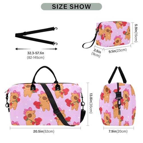 Capybara Roses Bow Cartoon Sports Gym Bag for Women Men Travel Duffel Bag Weekend Overnight Carry on Bag with Toiletry Bag for Yoga Swimming Hospital Plane3