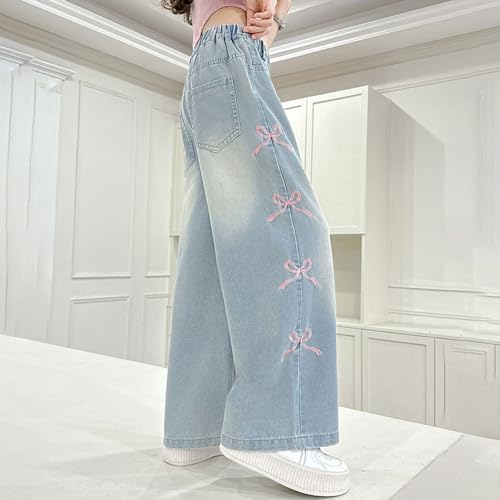 Baggy Bow Jeans Girls Distressed Wide Leg Straight Denim Pants Versatile High Waist Palazzo with Pockets3