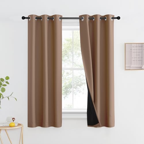 Image of NICETOWN 100% Blackout Curtains Thermal, Noise Reduction and Privacy Curtains for Patio Door, Black Lined Blackout Drapes with Grommet Top, Cappuccino, 1 Pair, W37 x L60