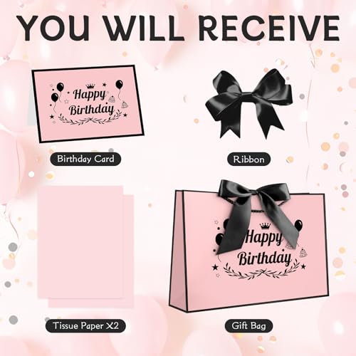 Image of JMANNI Happy Birthday Gift Bag, Pink with Black Satin Bow & Crown Design, Medium Birthday Present Bag for Party Favors, Size 12.60 inchx8.66 inchx4.33 inch