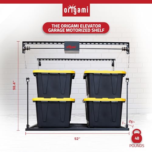 Origami-Motorized-Garage-Ceiling-Storage-Rack-52-x-25-Heavy-Duty-Overhead-Lift-System-with-250-lbs-Capacity-for-Storing-Decorations-or-Equipment