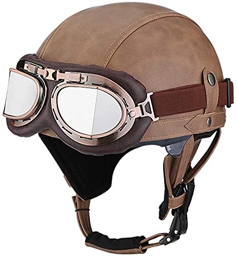 ABWYB Motorcycle Helmet with Aviator Goggles Motorcycle Scooter Open face Half Leather Helmet UV Goggles Retro Style Half Helmet : Automotive