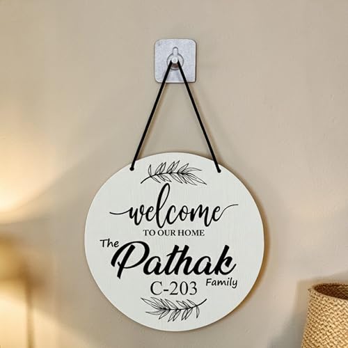 Image of P Arts Personalized Door Name Plate for Home Entrance Round Shaped 10x10 Inch Name plate for home entrance, Door name plates MDF Wood, Black & White