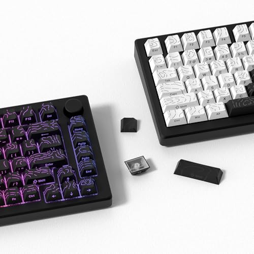 Image of dagaladoo Double Shot PBT keycap Set,White and Black Topographic Keyboard keycaps 60 75 100 Percent,Shine Through Custom keycap Lines Backlit,Cherry Profile Key caps for US Layout Mechanical Keyboard