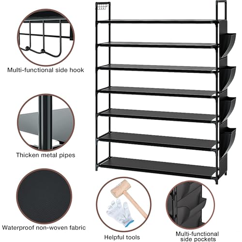 Image of OYREL Large Capacity 7 Tier Shoe Rack, Black, 33.3in Wide x 11.2in Deep x 48.7in Tall, Holds 28-35 Pairs of Shoes, Ultra-Minimalist Style, Waterproof and Durable