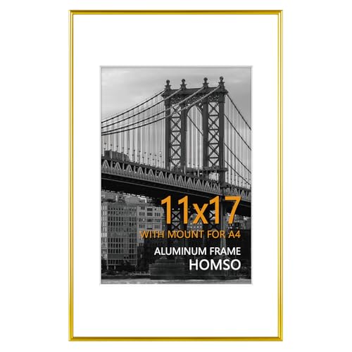 Image of Homso 11 x 17 Frame, Metal Thin Board 11x17 Picture Frame Gold with Acrylic Plexiglass for Pictures A4 with Mat or 11x17 without Mat for Horizontal and Vertical