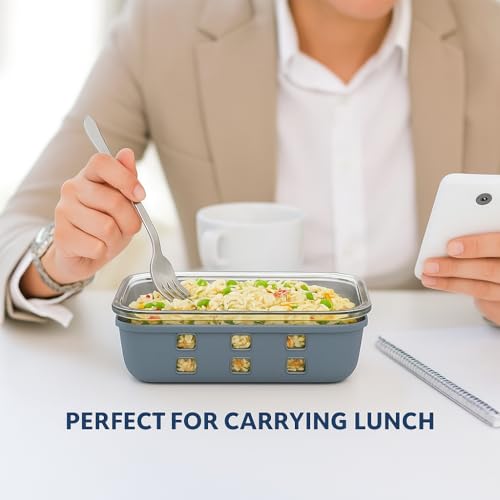Image of Griplok Glass Lunch Box with Leakproof Lid, Borosilicate Food Storage Container with Silicone Sleeve, Airtight, Microwave /Dishwasher Safe (Glacier Blue, 1x640ml + 1x1050ml)