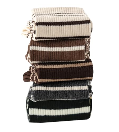 Image of Deeorla Womens Striped Crew Socks Brown Vintage Retro Athletic Socks 5 Pairs