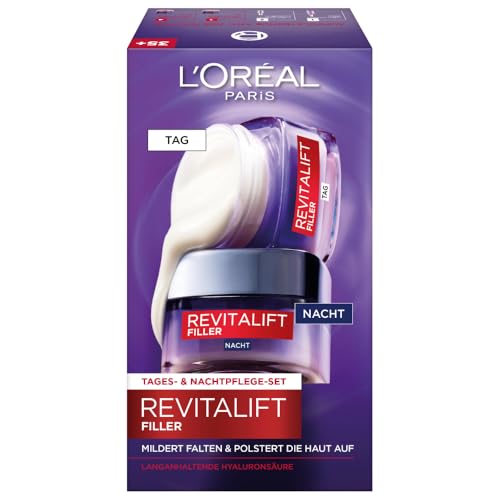L'Oréal Paris Gesichtspflege Set, Anti-Aging Hyaluron Tagespflege und Nachtpflege gegen Falten, mit Micro-Filler Hyaluronsäure, Revitalift Filler, 2 x 50 ml