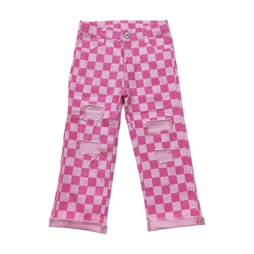 P0096 Todder Western Pink and White Checkerboard Ripped Buttons Zipper Straight Kids Girl Jeans Pants