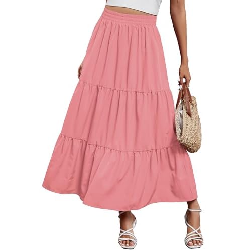 Arolina Maxi Skirt for Women Summer Boho Elastic High Waist Pleated A-Line Flowy Ruffle Swing Tiered Long Beach Skirt Dress XX-Large Pink