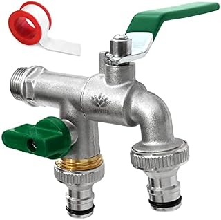 SHYNE Premium 1/2'' Inch Brass Double Water Tap - Rust and Frost Resistant + 2X Hose Connectors + E-Book | for Garden, Washing Machine, Rain Barrel