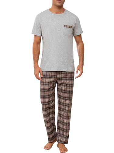 Winovia Schlafanzug Herren Kurzarm mit Langer Karierter Hose 100% Baumwolle Pyjama Set für Männer Weiche Nachtwäsche mit Brusttasche Zweiteiliger Hausanzug & Loungewear Grau XXL