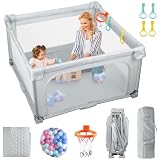 eSynic 50*50inch Large Foldable Baby Playpen 127*127cm with Soft Mat Portable Indoor/Outdoor Playpen Oxford Fabric, 50 Balls, Basketball Hoop & Handles Travel-Friendly Design for Car, Home & Backyard