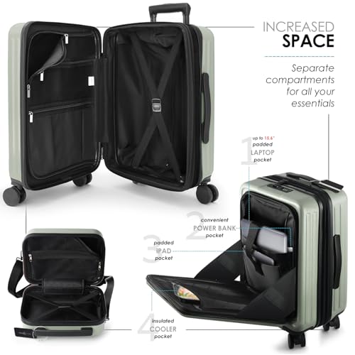 Image of 20 Inch Carry On Luggage 22x14x9 Airline Approved, Carry On Suitcase with Wheels, Hard-shell Carry-on Luggage, Durable Luggage Carry-On, Sage Green Small Suitcase with Cosmetic Case
