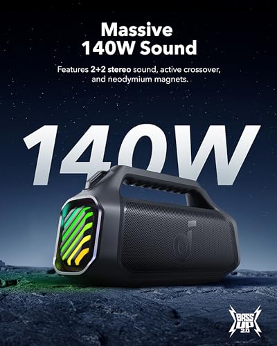 Image of Soundcore Boom 2 Plus Portable Speaker By Anker, 140W, 2+2 Channel, BassUp 2.0, 20H Playtime, Fast Charge, IPX7 Waterproof, RGB Lights, Power Bank, Bluetooth 5.3, Outdoor Speakers, Camping, Beach