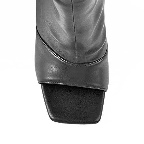 Lishan Black Square Over The Knee Peep Toe Heel Boots For Women Stiletto Heel Ruched Thigh High Boots Pu Strechy Pull On Long Boots Side Zipper Tacones Zapatos Size11 #TOP4