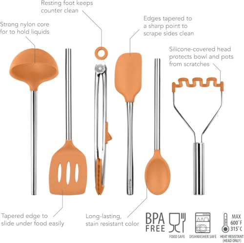 Image of Tovolo Silicone Cooking Utensil Set of 6 Stainless Steel Handle Ladle Slotted Turner Tongs Flex Core Spatula Scraper Mixing Spoon & Potato Masher, Dishwasher Safe BPA Free Utensils, Apricot Orange