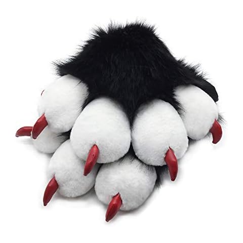 Furryvalley Fursuit Pfoten Handschuhe Kostüm Pelzigen Teilweise Cosplay Flauschige Löwe Bär Requisiten für Kinder Erwachsene (Schwarz Weiß) Cover