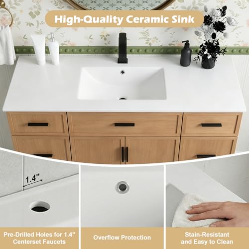 Image of 48 Inch Bathroom Vanity with Sink, Freestanding Bathroom Vanity Cabinet with 6 Drawers & 2 Doors, Modern Farmhouse Bathroom Sink Cabinet with Ceramic Basin, Floor Standing Storage (48 inch)