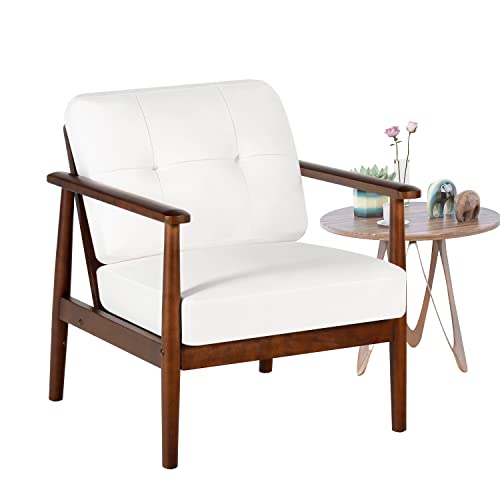 Aileekiss Mid Century Modern Accent Chair Retro Wood Leather Armchairs Upholstered Arm Chair Lounge Chairs With Cushion For Living Room, Bedroom, Office, Studio (White) #TOP8