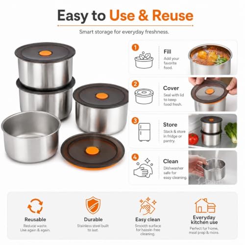 Image of KOMUEE ELEGAR Round Stainless Steel Food Container 50ML | Airtight Silicone Cover | Leak-Resistant Reusable Storage Bowl for Kitchen, Refrigerator, Snacks & Leftover Food (2 pcs food box)