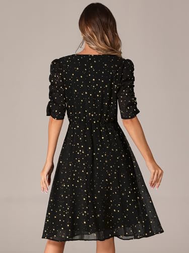 Allegra K Chiffon Dress for Women's Metallic Stars Ruched Sleeve V Neck A-line Dress3
