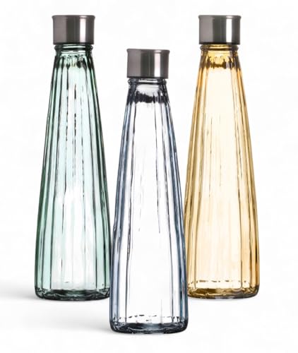 Lot de 3 bouteilles d'eau en verre vintage 750 ml - Structure linéaire - Bouteilles en verre colorées avec bouchon à visser - Carafe pour eau, jus et...