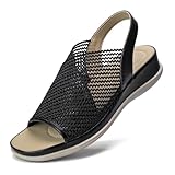 Mnking Sandalias Cuña Mujer Verano Sandalias Plataforma Comodas Plantilla Cuero Peep Toe Transpirable Tejido Malla Slingback para Caminar Tiempo Libre Oficina Negro EU39