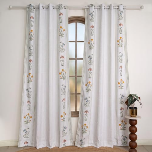 Image of Tranquebar Curtain Co. Room Darkening, 152 cm (5 Feet), Beige, Set of 2, 100% Cotton Fabric, Eyelet, Gul- Curtains 5 Feet Long,Eyelets
