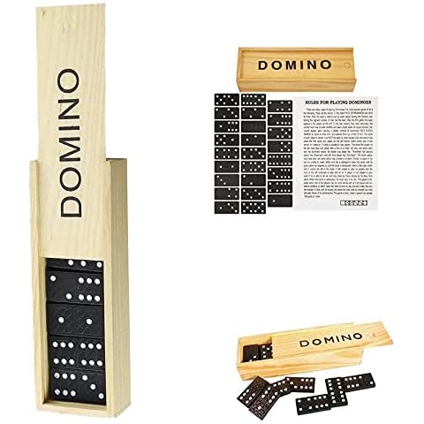 D.A.Y. Republic 28 Pieces Classic Retro Domino Game, Traditional Set in Wooden Case for Kids and Adults, Black and White, Educational Toy Gift, Travel Size (Dominoes in Wood Box) Cover
