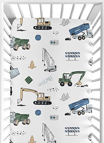 Image of Sweet Jojo Designs Construction Truck Boy Fitted Crib Sheet Baby or Toddler Bed Nursery - Grey Yellow Black Blue and Green Transportation