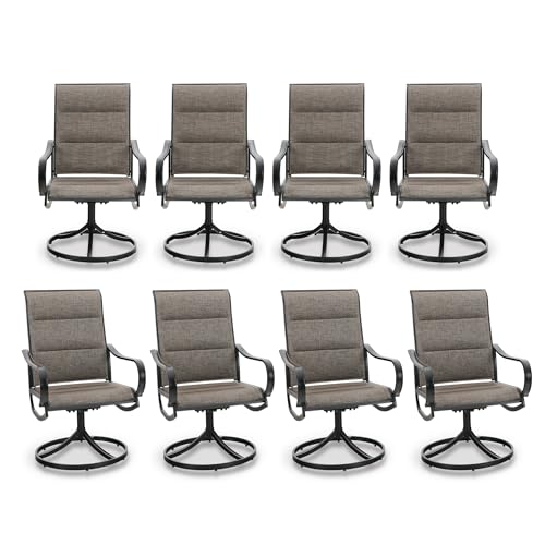 Image of PHI VILLA Swivel Patio Dining Chairs Set of 8, Padded Textilene Mesh, Brown | High back ergonomic backrest with padded seat. All-weather black E-coated metal frame for patio, outdoor, deck, lawn, garden