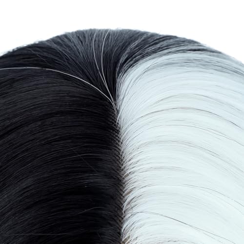 Image of PATTNIUM Black and White Wig for Girls Kids Long Curly Wigs Black Highlights White Middle Part Heat Resistant Synthetic Wigs with Wig Cap