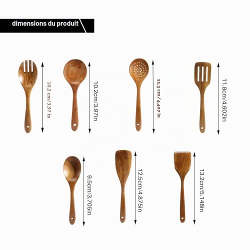 Aboiledy Lot de 9 cuillères en bois de teck avec porte-ustensiles, ustensiles en bois résistants à la chaleur pour poêles antiadhésives et accessoires de cuisine – vue 8