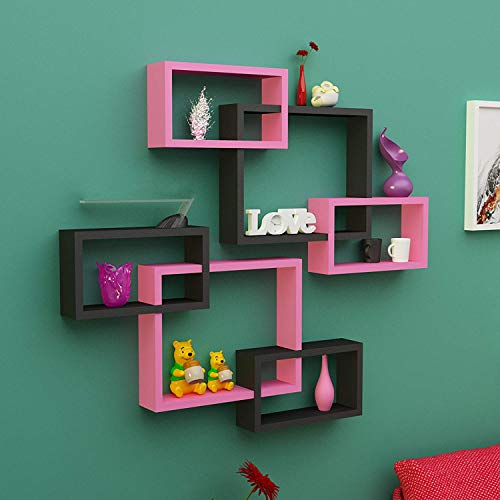 Image of Amaze Shoppee MDF Wall Decoration Intersecting Floating Shelves Set of 6 (Black and Pink)