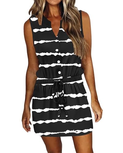 Image of AUSELILY Womens Summer Dresses 2026 Casual V Neck Sleeveless Drawstring Button Mini Dress with Pockets