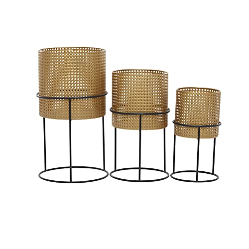 Deco 79 Metal Rattan Weave Inspired Planter With Removeable Ring Stands, Set Of 3 23", 19", 16"H, Gold #TOP1