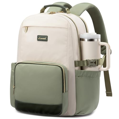 Image of LOVEVOOK Laptop Backpack for Women with Pouch Pocket for Large Capacity Cup,17 Inch Laptop Computer Bag Travel Backpack Purse,Waterproof Work College Teacher Bags,White-Bean Green-Dark Olive Green