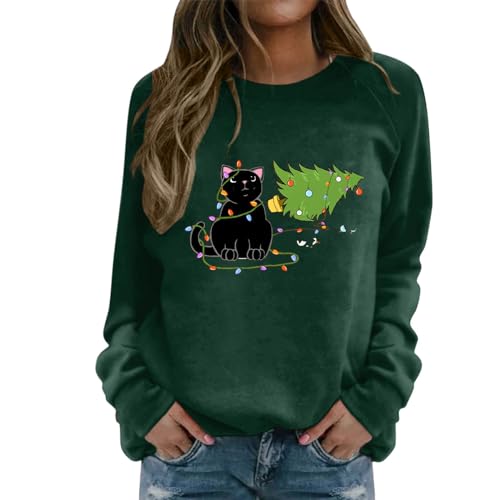 Jersey de punto casual para mujer, cuello redondo, manga raglán, árbol de Navidad, bombilla de gato, diseño de gato, verde, S