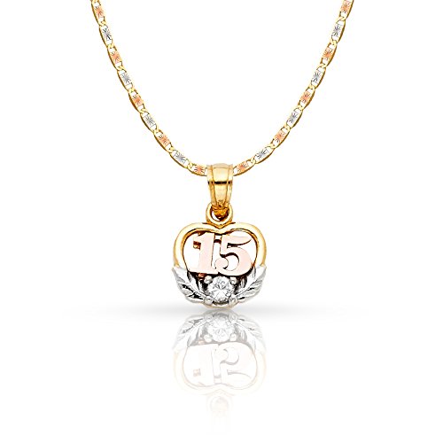 14K Tri Color Gold Sweet 15 Years Quinceanera Heart Cubic Zirconia CZ Charm Pendant with 1.5mm Valentino Chain Necklace