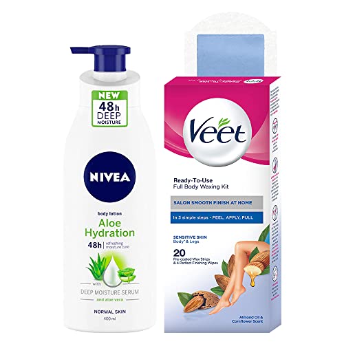 Image of NIVEA Body Lotion, Aloe Hydration, with Aloe Vera, for Men & Women, 400 ml + Veet Full Body Waxing Kit - Sensitive Skin (20 strips)