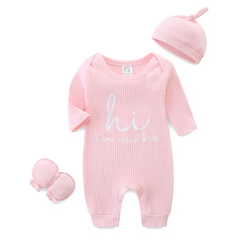 Image of Babymine Newborn Baby Boy Girl Clothes 3PCS Set Romper+Hat+Gloves,Infant Coming Home Outfit Onesie Bodysuit Jumpsuit