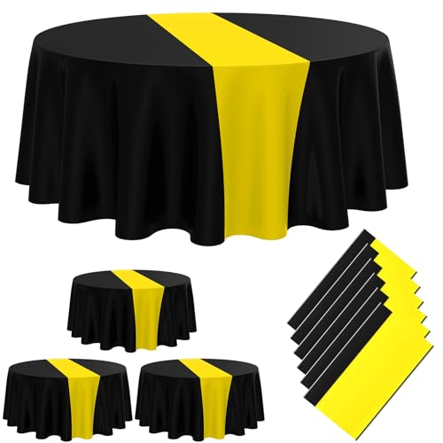 Image of Remagr 6 Pcs Round Plastic Tablecloth 84 Inch Disposable Tablecloth Party Table Cover for Graduation Wedding Birthday Retirement Decoration (Black,Yellow)
