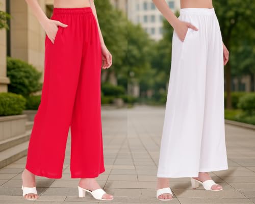 Image of Buy That Trendz Palazzo Pants for Women Cotton Rayon Elasticated Regular Fit Flared Wide Leg M to 6XL Pack of 2