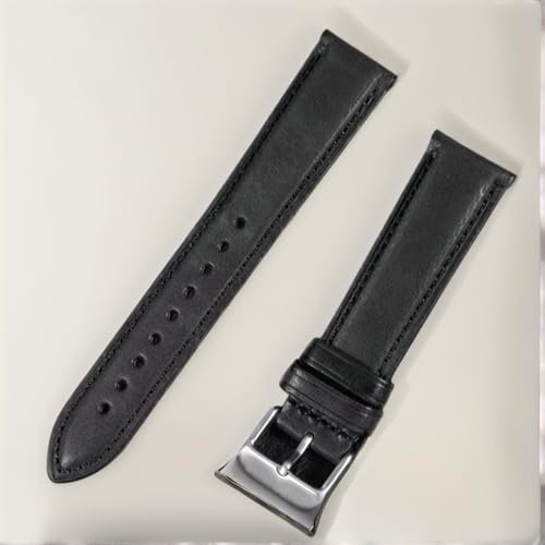 RYO101 Genuine Leather Watch Band, Classic Stitched Design with Silver Buckle (Black, 20mm)