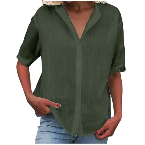Vardagliga knappar ner kortärmade tröjor 2025 sommarmode bomull linne skjorta topp blusar flanell skjorta kvinnor plus, gRÖN, M