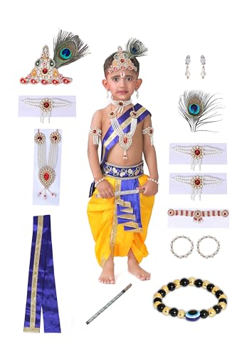 Image of Krishna Dress for Kids, Baby Krishna Dress for Janmashtami with Krishna Mukut, Peacock Feather & Flute Embroidered Krishna Costume for Girl & Boy, 3 Months-8 Years