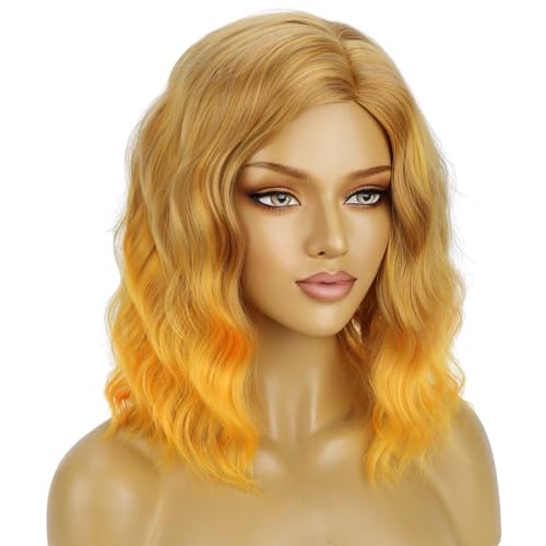 Image of BERON Yellow Ombre Short Wigs for Women Girls Yellow Curly Wavy Shoulder Length Wig Heat Resistant Synthetic Wig for Cosplay Costume Party Daily